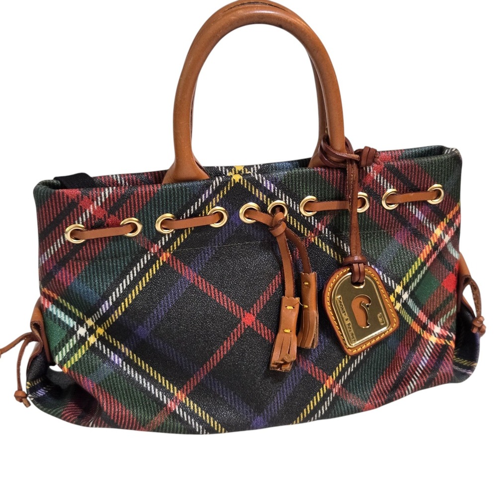 Dooney & Bourke Satchel Handbag Tartan Plaid Drawstring Tassel USA Vtg No strap